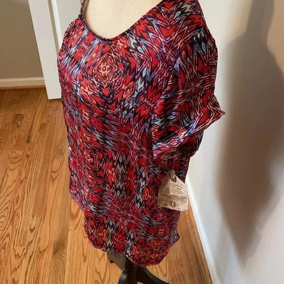 Democracy High Low Top Tunic Blouse Red Turquoise - Picture 2 of 6